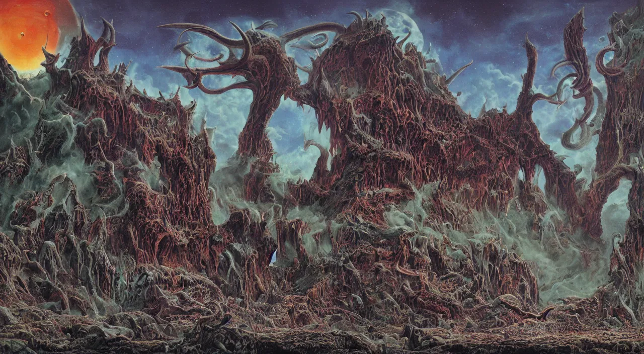 Prompt: a detailed portrait of satan with long horns. huge razor claws and fiery vortex eyes in a vast cosmic hellscape, by roger dean, by robert hubert, by laurie lipton, detailed, realistic shadows, volumetric lighting, mythical, rendered in redshift, matte painting