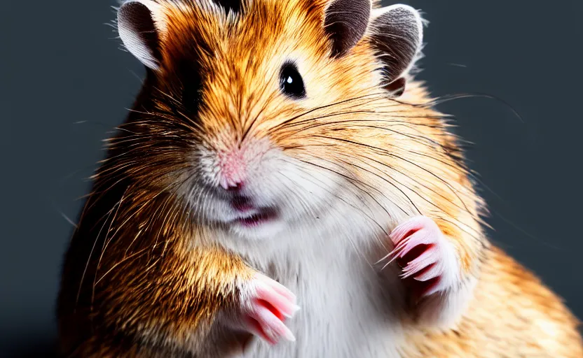 Image similar to studio photography of a king hamster with a crown and a coat, detailed face, cinematic lighting,, 8 k