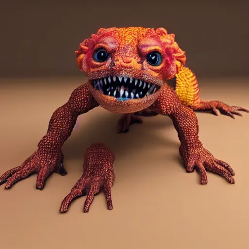 Image similar to a grotesque but cute creature crawling on four legs with weird features, strange feeelrs, coloured scaly skin, looking inquisitively at the camera, 3d render, studio lighting