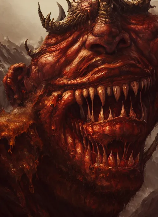 Prompt: close up portrait of a monster in the mountains of hell, laughing enormously, oil painting by tomasz jedruszek, cinematic lighting, pen and ink, intricate line, hd, 4 k, million of likes, trending on artstation