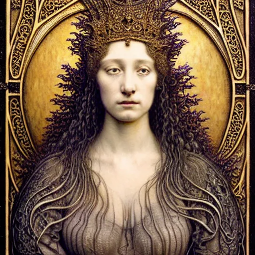 Prompt: detailed realistic beautiful young medieval queen face portrait by jean delville, gustave dore, iris van herpen and marco mazzoni, art forms of nature by ernst haeckel, art nouveau, symbolist, visionary, gothic, pre - raphaelite, horizontal symmetry, fractal lace, realistic ornate gilded medieval icon