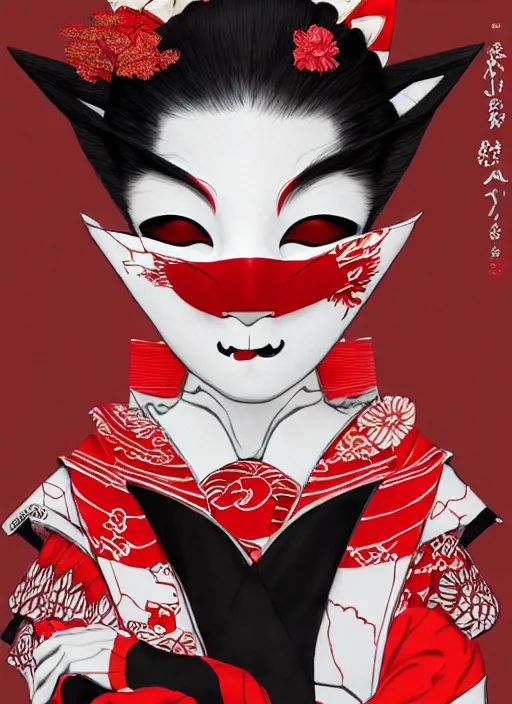 Prompt: maiko wearing a kitsune mask, fluent composition, red white and black, concept art, ambient light, 4 k, intricate details, highly professionally detailed, cgsociety, highly detailed -