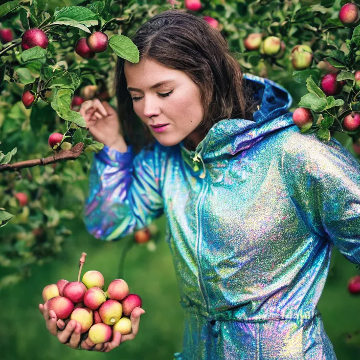 Prompt: a closeup portrait of a woman wearing a muddy iridescent holographic ski suit, picking apples from a tree in an orchard, foggy, moody, photograph, by vincent desiderio, canon eos c 3 0 0, ƒ 1. 8, 3 5 mm, 8 k, medium - format print