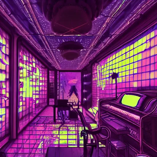 Image similar to discord room dream - 4 7, the experience of chrysalism in a cosy cluttered french sci - fi ( art nouveau ) cyberpunk street in a pastel dreamstate art cinema style. ( terrarium, computer screens, window ( street ), leds, lamp, ( ( ( piano ) ) ) ), ambient light.