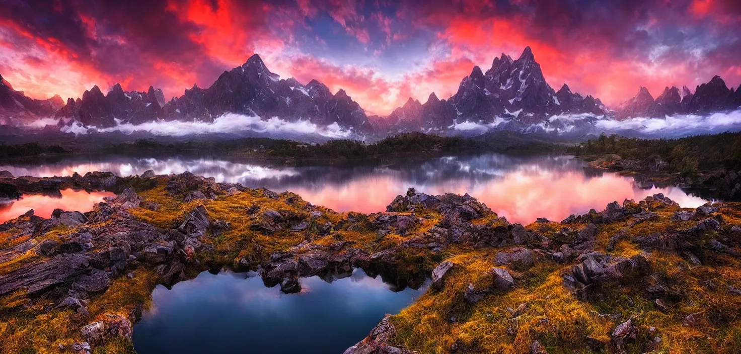 Image similar to amazing landscape photo of mountains with lake in sunset by marc adamus, beautiful dramatic lighting