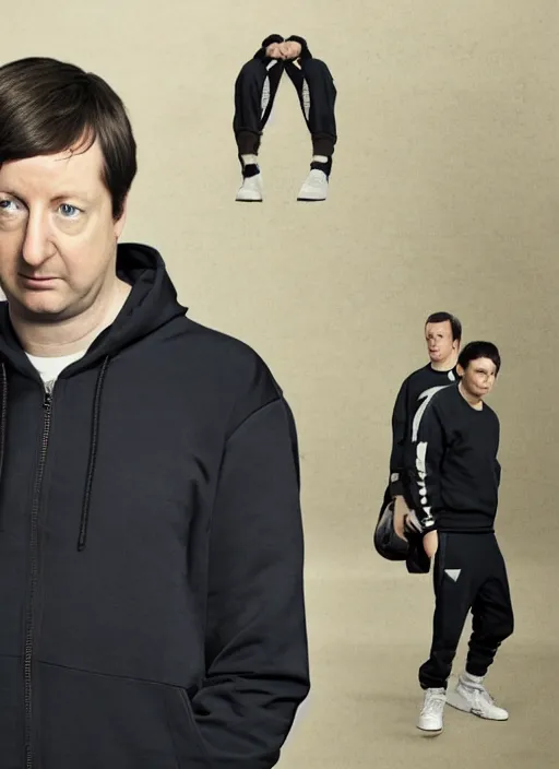 Prompt: Mark Corrigan wearing a Rick Owens tracksuit