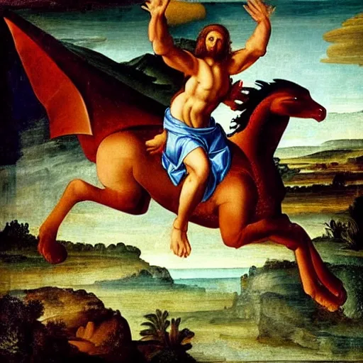 Image similar to jesus riding a dragon near a castle, renaissance painting, mystical