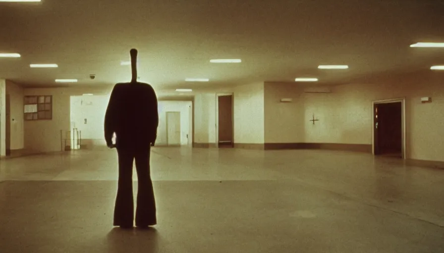 Image similar to 7 0 s film still from a horror movie featuring a person suffering from treacher collins syndrome standing alone in a liminal space, kodachrome, cinecolor, cinestill, photorealism, cinematic, film grain, film texture, vhs recording