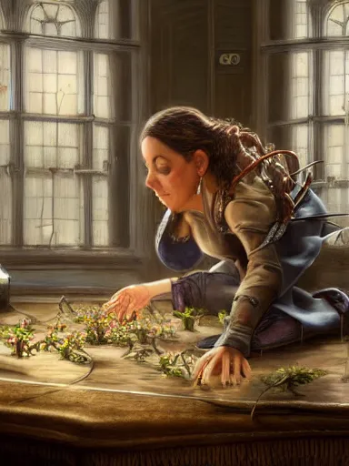 Prompt: a powerful magician working in a table full of artifacts. weeds anf flowers growing on the floor. intricate, elegant, highly detailed, digital painting, artstation, concept art, sharp focus, illustration, by justin gerard and artgerm, 8 k