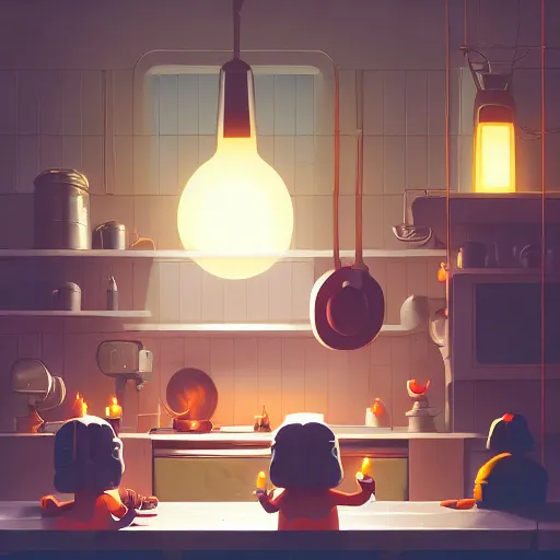 Image similar to cute kitchen dim lit by a candle ripped physique simon stalenhag gerald brom bastien grivet greg rutkowski portrait