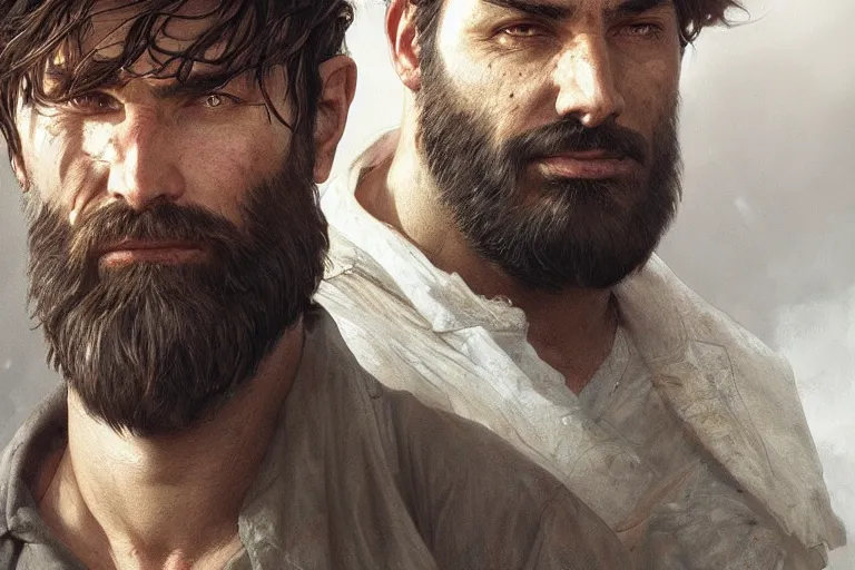 Prompt: close up portrait painting of a bearded survivor, ultra realistic, concept art, intricate details, serious, highly detailed, photorealistic, octane render, 8 k, unreal engine. art by artgerm and greg rutkowski and alphonse mucha