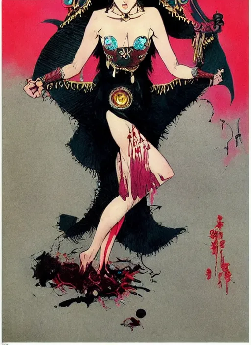 Image similar to mighty female korean vampiress, jeweled headdress, heavy mascara, strong line, saturated color, beautiful! coherent! by frank frazetta, high contrast, minimalism