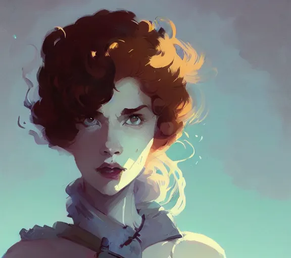 Image similar to portrait woman with short ginger curly hair with a sword, by atey ghailan, by greg rutkowski, by greg tocchini, by james gilleard, by joe fenton, by kaethe butcher, by ashley wood, dynamic lighting, gradient light blue, brown, blonde cream and white color scheme, grunge aesthetic