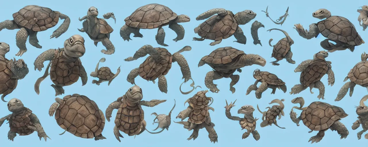 Prompt: character design, reference sheet,turtle, cute, magic, friendly, light blue, welcome, ancient, concept art, photorealistic, hyperdetailed, 3d rendering! , art by Leyendecker! and constable,