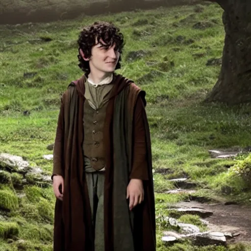 Prompt: still of frodo baggins en hogwarts