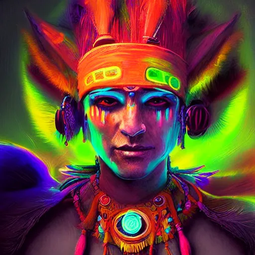 Prompt: neon shaman warrior, technology, digital art, visionary art, by mandy jurgens