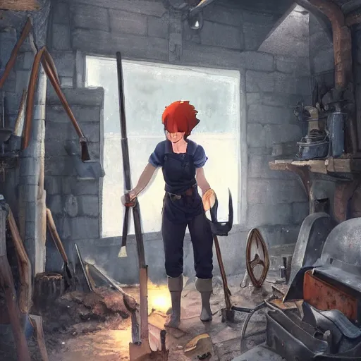 Image similar to “a full body portrait of the short and fiery blacksmith Moira at her forge, blacksmith's outfit, inside building, makoto shinkai, james gilleard, very detailed, matte, gaussian blur, tone mapped, Akihiko Yoshida”