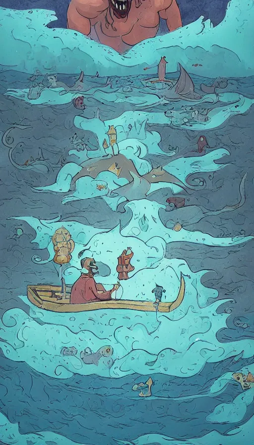 Prompt: man on boat crossing a body of water in hell with creatures in the water, sea of souls, by rebecca sugar