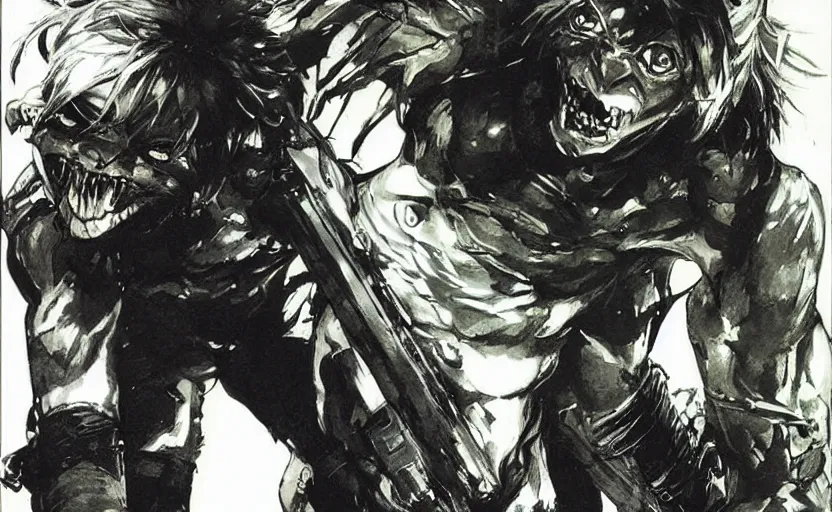 Image similar to yoji shinkawa drawing of gollum as solid snake, metal gear solid