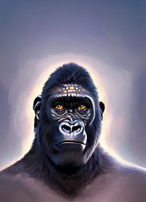 Prompt: frightening gorillas warrior portrait, weapons in hand, art by artgerm, wlop, loish, ilya kuvshinov, tony sandoval. symmetrical face