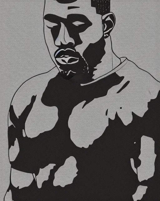 Image similar to Manga black-and-white comic book cross-hatching illustration of Kanye West on black background, fading in to the black background, darkness surrounding his body