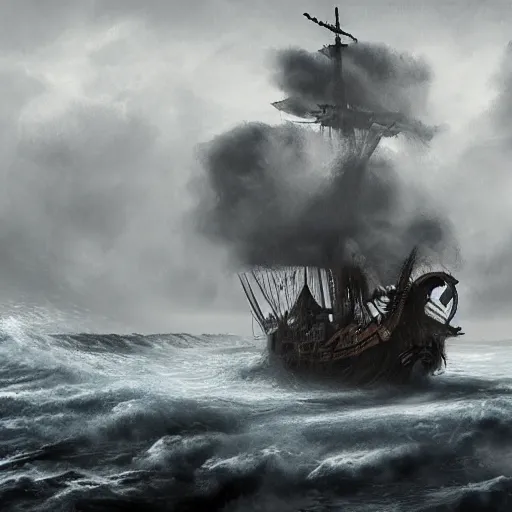 Prompt: large lonely old pirate ship drifting amongst the clouds and fog with heavy dark storm beautiful Concept art