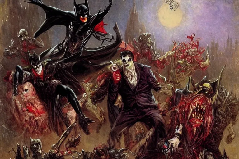 Image similar to vampire batman and zombie robin vs. joker van helsing. art by gaston bussiere.