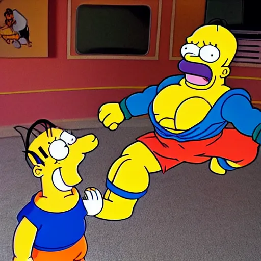 Prompt: goku meet homer simpson