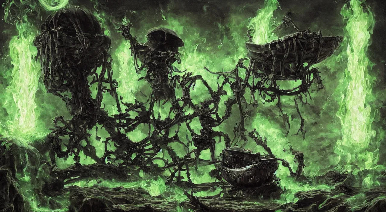 Prompt: A highly detailed oil painting by Greg Rutkowski of a skeleton wearing black robes making a potion in a huge bubbling cauldron glowing bright green, with lots of fire coming from it, highly detailed fantasy concept artwork, very realistic, green and black color scheme, graffiti.