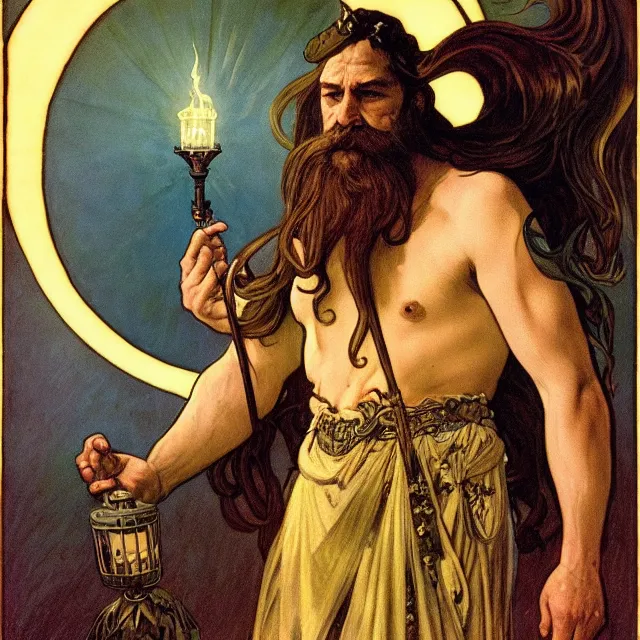 Image similar to an aesthetic! a detailed portrait of a man in a long beard, with a crown, holding a lantern by frank frazetta and alphonse mucha, oil on canvas, art nouveau dungeons and dragons fantasy art, hd, god rays, ray tracing, crisp contour lines, huhd