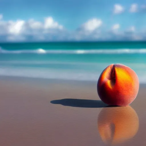 Prompt: A peach with eyelashes and legs walking on the beach, digital art