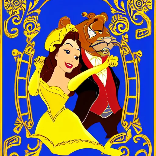 Image similar to belle and beast in blue and gold in the style of mexican folk art