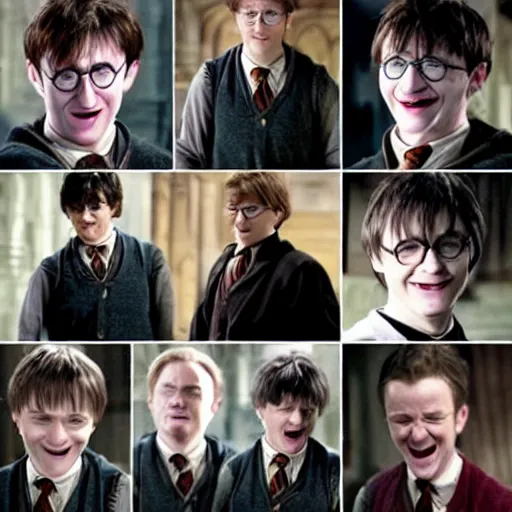 Prompt: happy potter, movie screenshot, realistic character faces, by christopher nolan