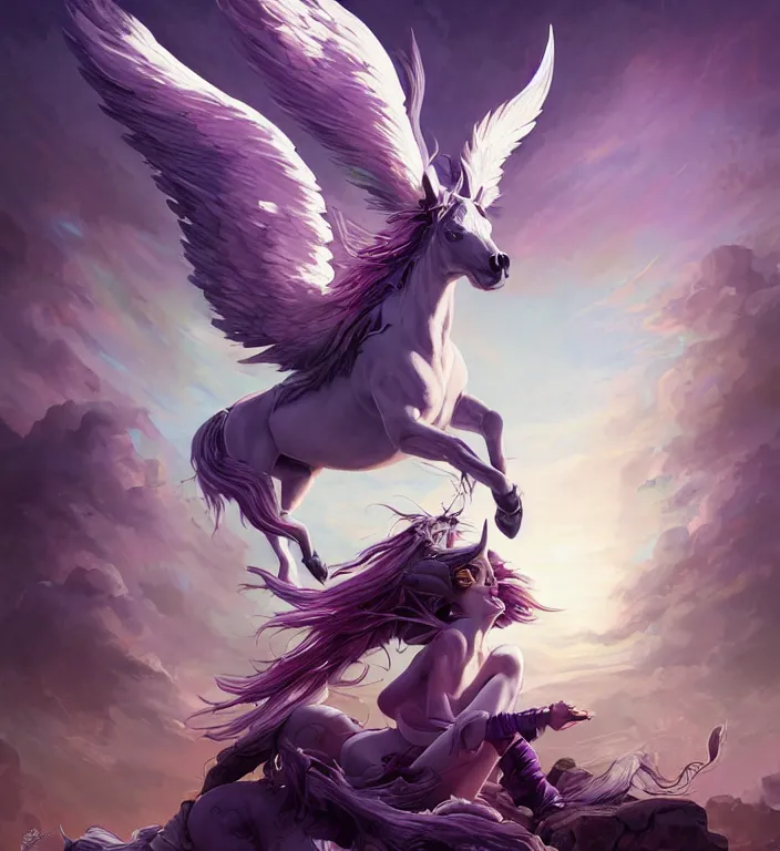 Image similar to a majestic female centaur with white wings and with a horn on the forehead and purple hair and elf ears, backlit, strong rim light, highly detailed, digital painting, by Alvaro Castagnet + Peter Mohrbacher + Dan Mumford + vivid colors + high contrast, 8k resolution, intricate, photorealistic, smooth