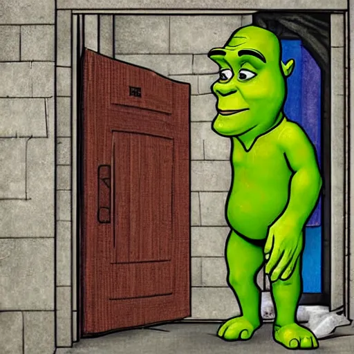 Image similar to digital art of shrek opening toilet door