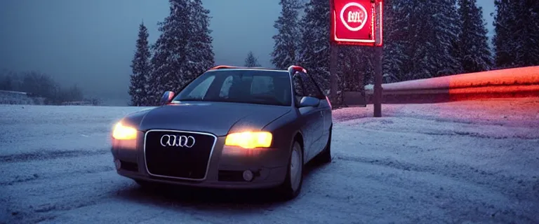 Image similar to Audi A4 B6 Avant (2002), a gritty neo-noir, Robot horror, dramatic bright lighting, cinematic, establishing shot, extremely high detail, photorealistic, cinematic lighting, artstation, by simon stalenhag, Snowy italian road, Snowy Apennines, At night, Poets of the Fall - Late Goodbye