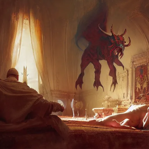Image similar to the pope is in his bedroom, scared because a horned demon is attacking him. highly detailed painting by gaston bussiere, greg rutkowski, craig mullins 8 k