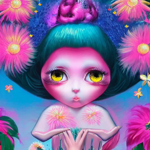 Prompt: a divine feminine goddess, pink hair, rosey cheeks, sparkles on eyelids, surrounded by lush flowers and feathers in bright abstract colours, manga ultra realistic digital painting, artstation, concept art, pop, smooth, sharp focus, illustration, art by mark ryden and lisa frank 3 d 8 k ultra detailed