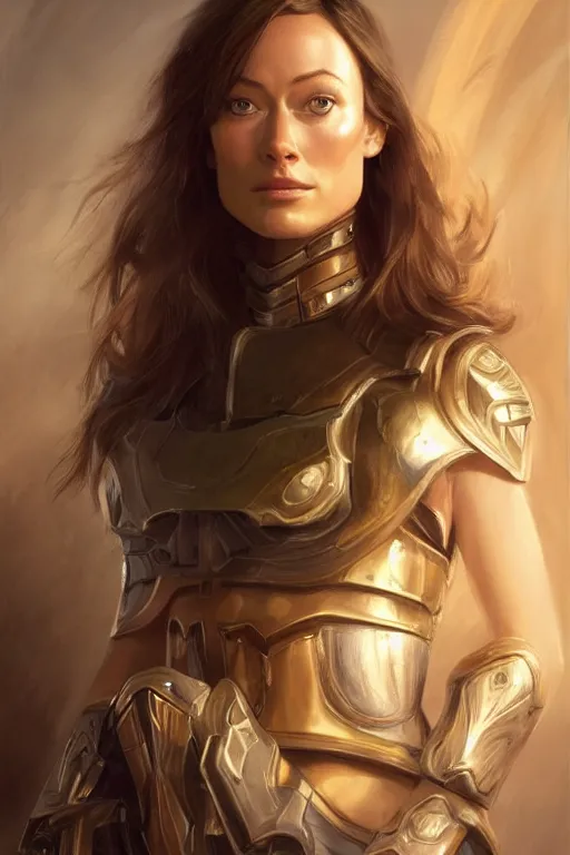 Image similar to a professional painting of a young Olivia Wilde, clothes in military armor, olive skin, long dark hair, beautiful bone structure, symmetrical facial features, intricate, elegant, digital painting, concept art, smooth, sharp focus, illustration, from StarCraft by Ruan Jia and Mandy Jurgens and Artgerm and William-Adolphe Bouguerea