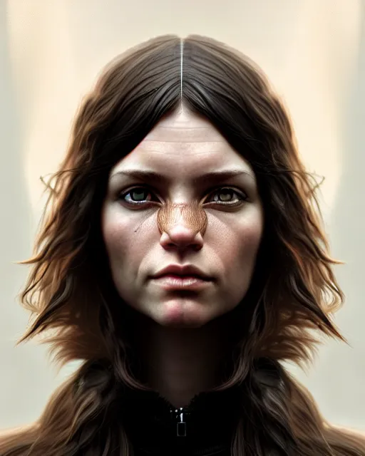 Prompt: hyper - realistic portrait of a female hunter, symmetrical face and body, symmetrical composition, dynamic wavy hair, detailed designs, digital painting, 4 k, by ilya kuvshinov, by greg rutkowski, atmospheric lighting