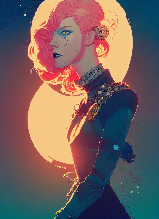 Prompt: portrait of beautiful nordic woman wearing steampunk clothes, blue eyes, artstation winner by victo ngai, kilian eng and by jake parker, by conrad roset, swirly vibrant color lines, winning award masterpiece, fantastically gaudy, aesthetic octane render, 8 k hd resolution