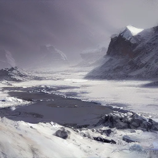 Image similar to winter lanscape, cole, artic wastland, icy tundra, snowy, dark lighting, craig mullins