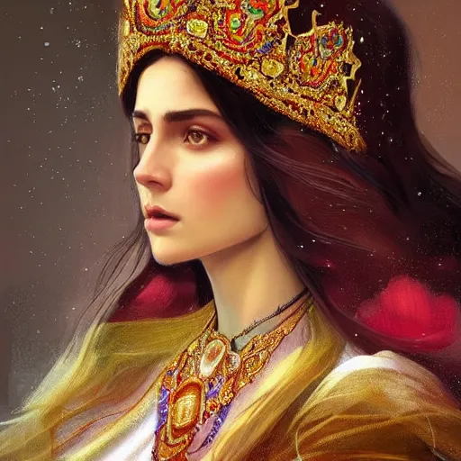 Prompt: portrait of a stunningly beautiful kurdish queen wearing a beautiful crown, highly detailed, digital painting, artstation, concept art, sharp focus, illustration, art by artgerm and greg rutkowski and alphonse mucha, incredibly beautiful and symmetrical face, incredibly detailed, award winning art, royal