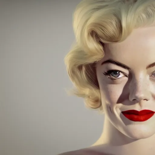 Prompt: Emma Stone as Marilyn Monroe, hyper realistic, octane render, 8k, high quality