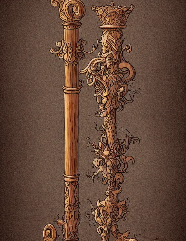 Image similar to an ornate wooden staff, fantasy illustration, medieval era, blank background, studio lighting, hand - drawn digital art, medium shot