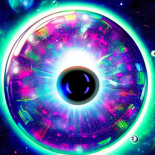 Prompt: horror eye as spaceship , shiny glossy vivid colors and fractals small glass sphere , floating in colorful cosmic space , perfect, detailed, digital art