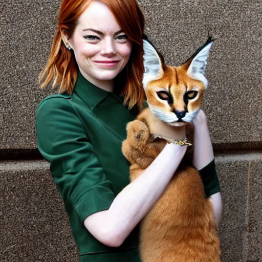 Image similar to Emma Stone holding a cute caracal