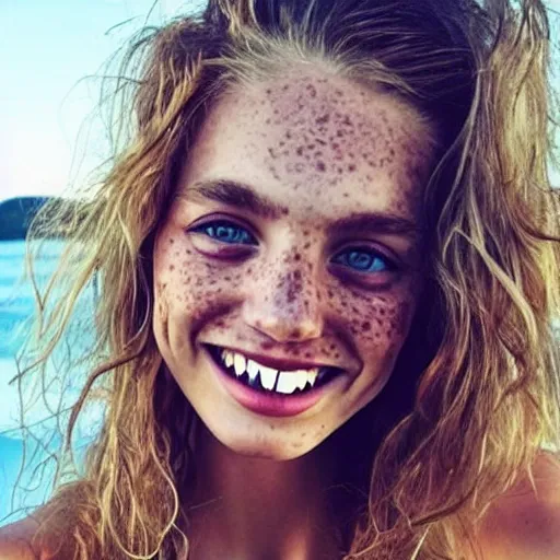 Image similar to a trending photo of over a million views from a female fashion model's instagram account, summer, freckles, smile, green eyes, natural, easygoing, healthy