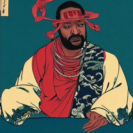 Image similar to Ghostface Killah rapping, portrait, style of ancient text, hokusai