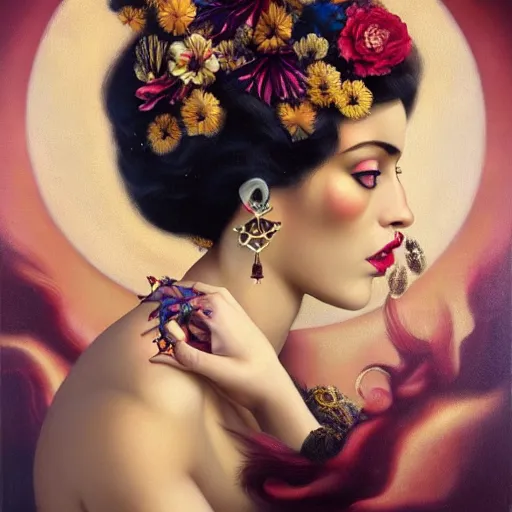 Image similar to dynamic composition, a painting of a woman with hair of flowers and raven plummage wearing ornate earrings, a surrealist painting by tom bagshaw and jacek yerga and tamara de lempicka and jesse king, featured on cgsociety, pop surrealism, surrealist, dramatic lighting, wiccan, pre - raphaelite, ornate gilded details